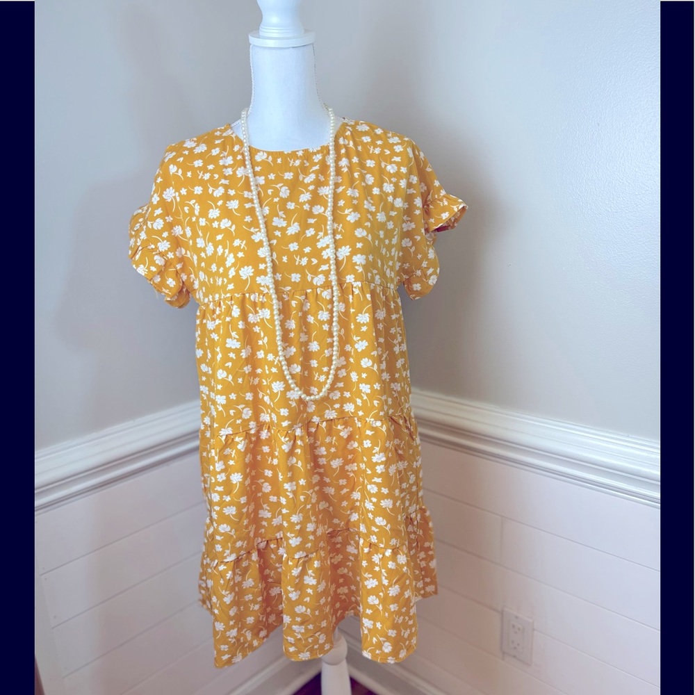 Unknown White Floral Print Mustard Babydoll Dress L FREE SHIP